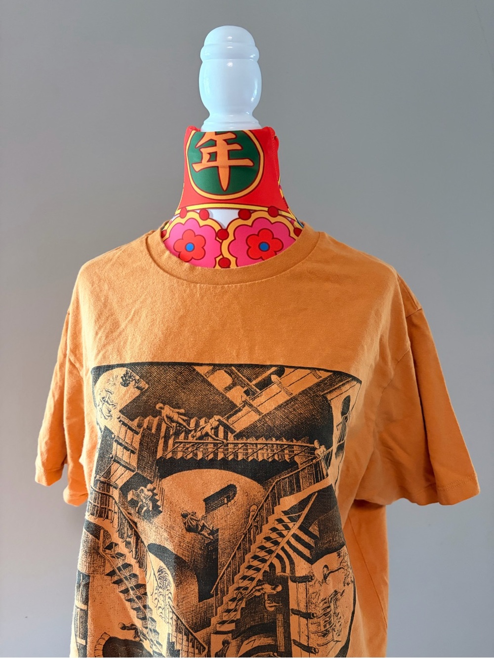 Orange Graphic Tee with Black Escher Print